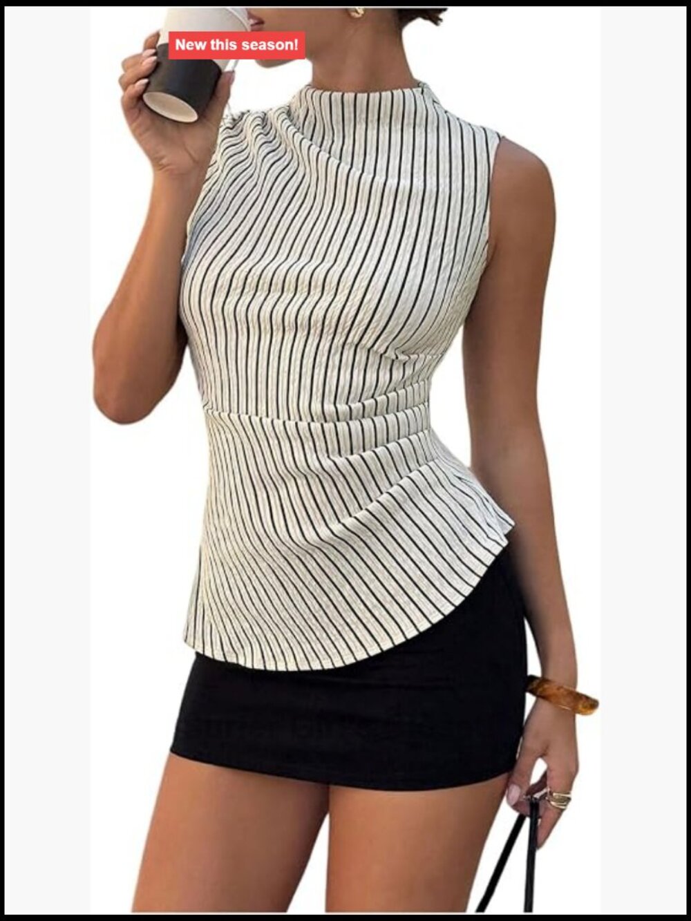 Striped Cinched Waist Tank Top Mock Neck Sleeveless Work Top